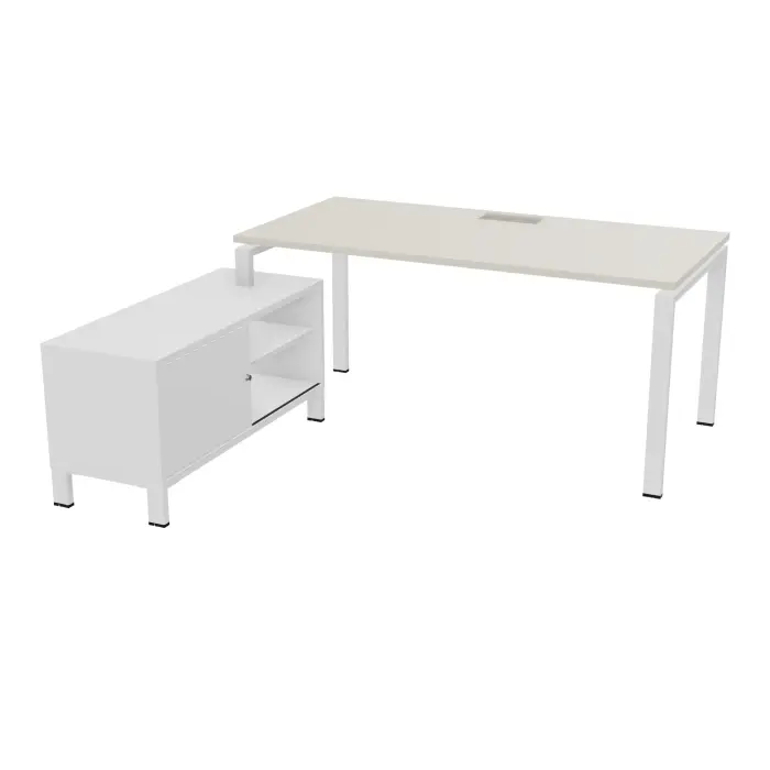 Bureau Rio avec meuble retour porteur à gauche simple accès L. 178 cm x P. 168 cm mélamine blanc neige plateau L. 160 cm x P. 80 cm percé pour trappe frontale mélamine lin piètement arche métal lisse blanc