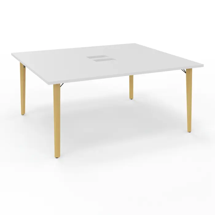 Robin table départ monoplateau L. 160 cm x P. 142 cm mélamine blanc neige découpé 2 trappes simple accès 4 pieds métal lisse noir/bois hêtre massif vernis + goulotte double
