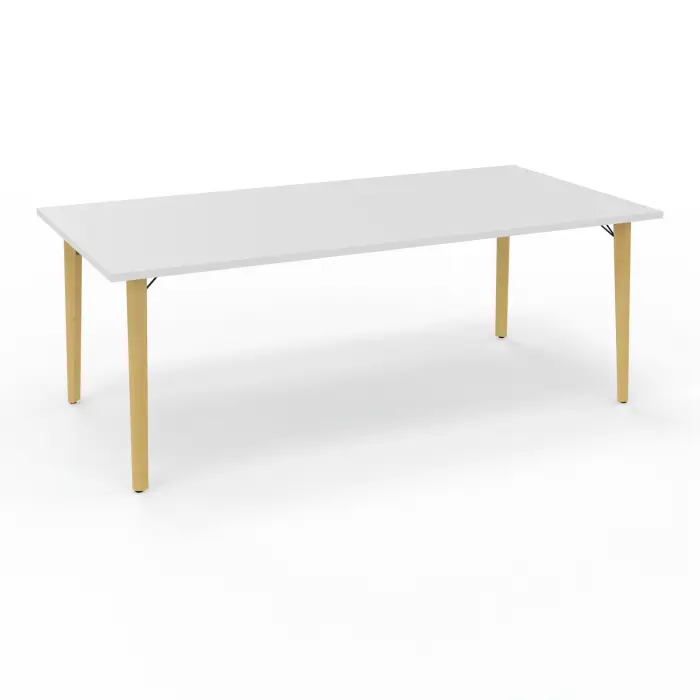 Robin bureau L. 200 cm x P. 100 plateau pré-percé pour obturateur mélamine blanc neige pieds métal lisse noir/bois hêtre massif vernis