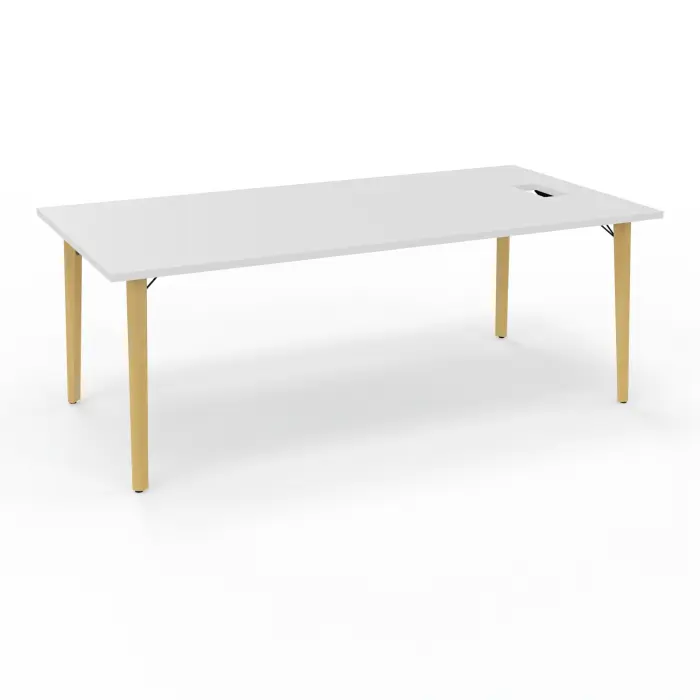 Robin bureau L. 200 cm x P. 100 plateau pré-percé pour trappe latérale simple accès mélamine blanc neige pieds métal lisse noir/bois hêtre massif vernis + goulotte