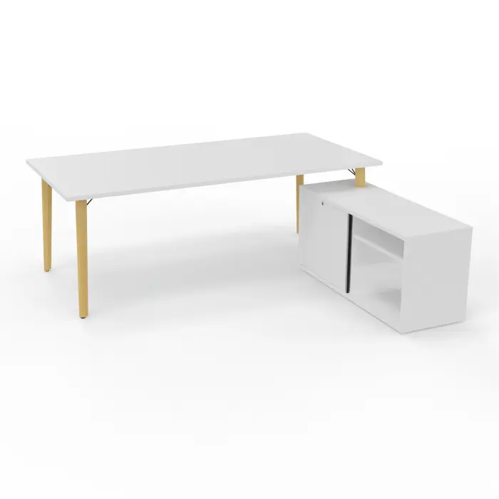 Robin bureau avec retour rangement porteur L. 120 cm x l. 56 cm x P. 43,2xm mélamine blanc neige plateau L. 200 cm x P. 100 pré-percé pour obturateur mélamine blanc neige pieds métal lisse noir