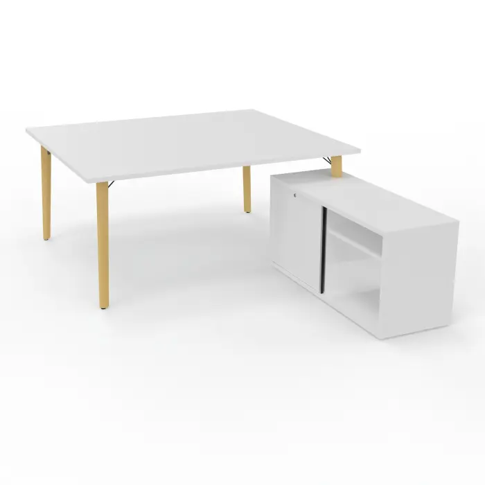 Robin bureau avec retour rangement porteur L. 120 cm x l. 56 cm x P. 43,2xm mélamine blanc neige plateau L. 160 cm x P. 142 prépercé pour obturateurs mélamine blanc neige pieds métal lisse noir