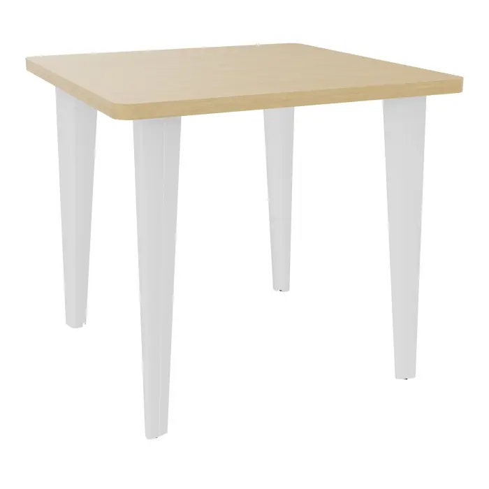 Table de bureau carrée L80xP80 bords arrondis pré percés centré pour 1 obturateur Chêne naturel élement départ sur piètement fixe éléctrifiable métal lisse blanc