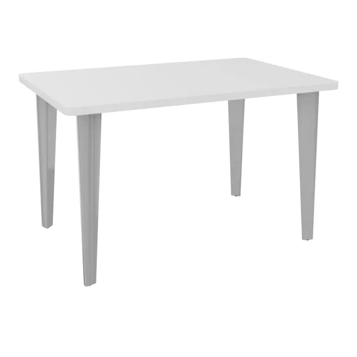 Table de bureau rectangulaire L120xP80 bords arrondis pré percés pour 2 obturateurs mélamine blanc neige élement départ sur piètement fixe métal lisse gris aluminium