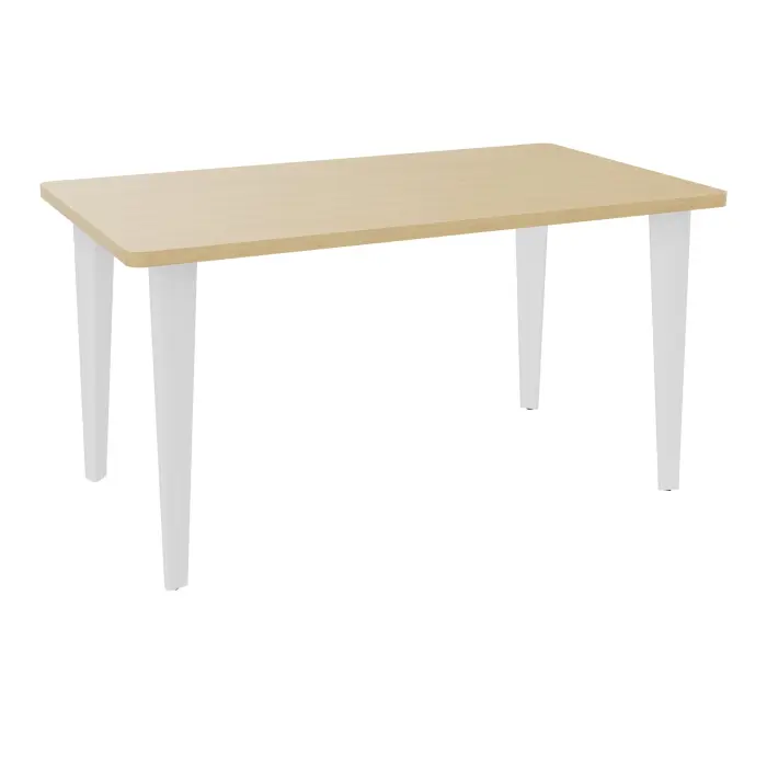 Table de bureau rectangulaire L140xP80 bords arrondis pré percés pour 2 obturateurs Chêne naturel élement départ sur piètement fixe métal lisse blanc