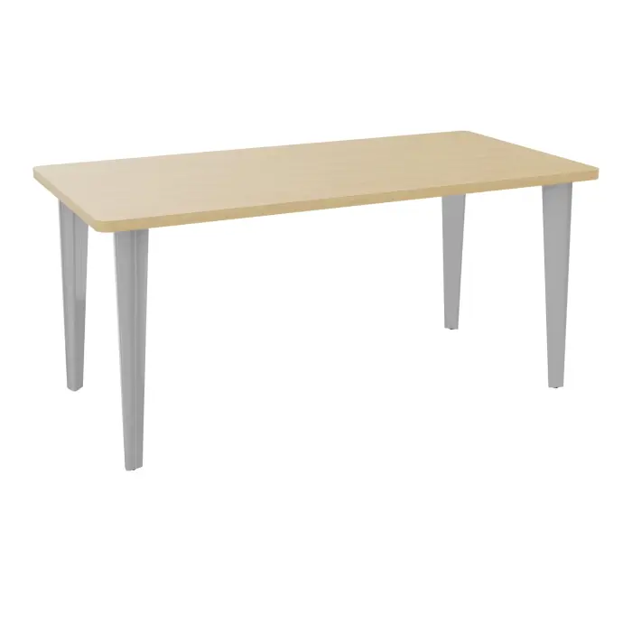 Table de bureau rectangulaire L160xP80 bords arrondis pré percés pour 2 obturateurs Chêne naturel élement départ sur piètement fixe métal lisse gris aluminium + goulotte structurelle