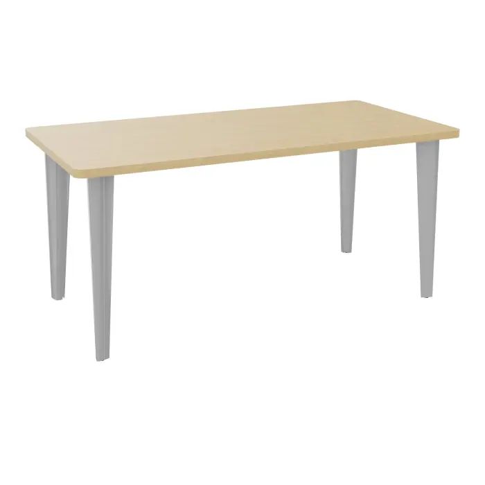 Table de bureau rectangulaire L160xP80 bords arrondis pré percés pour 2 obturateurs Chêne naturel élement départ sur piètement fixe éléctrifiable métal lisse gris aluminium + goulotte structurelle