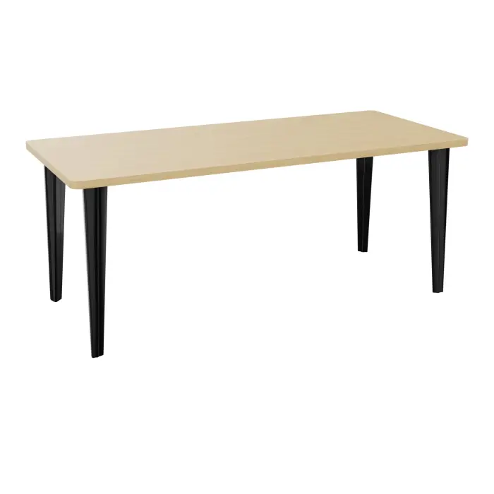Table de bureau rectangulaire L180xP80 bords arrondis pré percés pour 2 obturateurs Chêne naturel élement départ sur piètement fixe métal lisse noir + goulotte structurelle