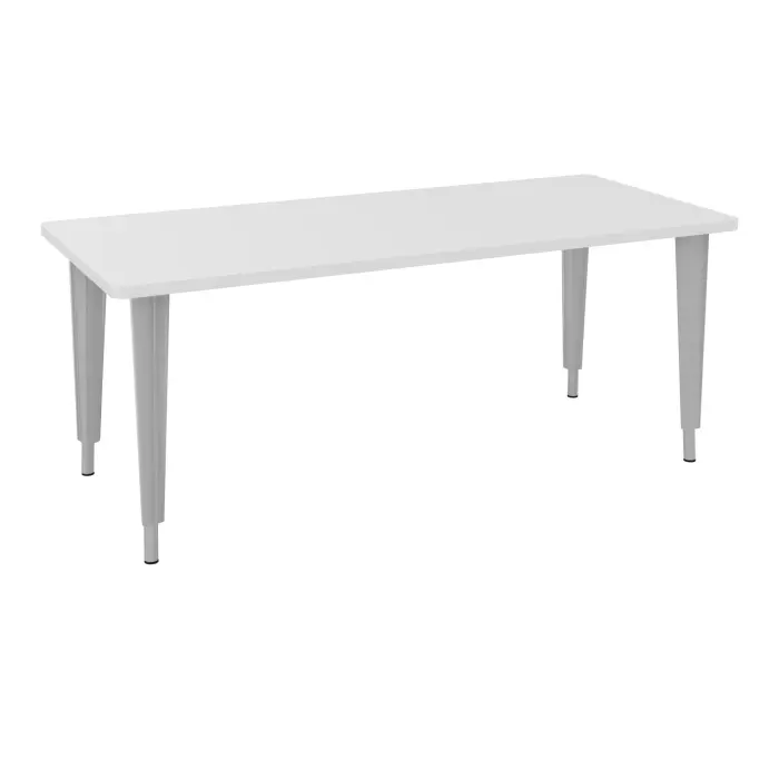 Table de bureau rectangulaire L180xP80 bords arrondis pré percés pour 2 obturateurs décor mélamine blanc neige élement départ sur piètement réglable en hauteur éléctrifiable métal lisse gris aluminium + goulott