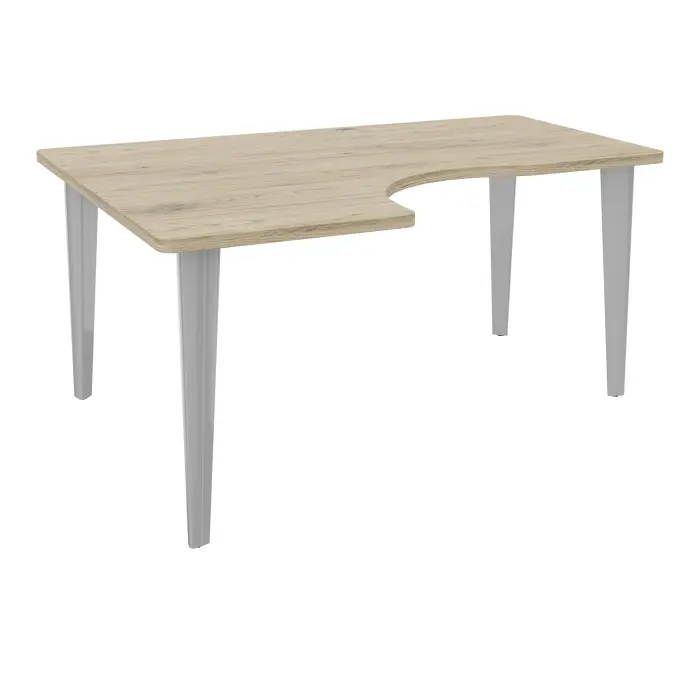 Table de bureau compact asymétriques 90° L160xP120 RT60 pré percés pour 2 obturateurs mélamine chêne Brunswick - élément départ retour à gauche sur piètement fixe métal lisse gris aluminium