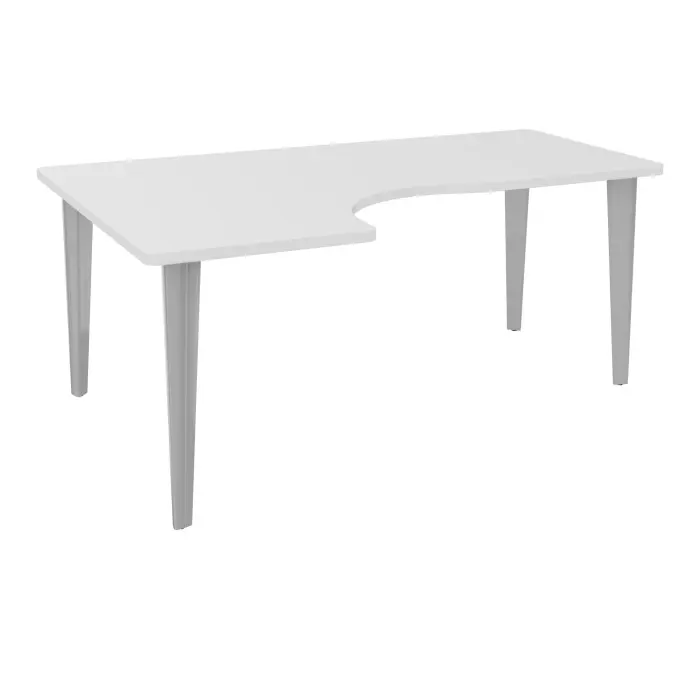 Table de bureau compact asymétriques 90° L180xP120 RT60 pré percés pour 2 obturateurs décor mélamine blanc neige - élément départ retour à gauche sur piètement fixe métal lisse gris aluminium