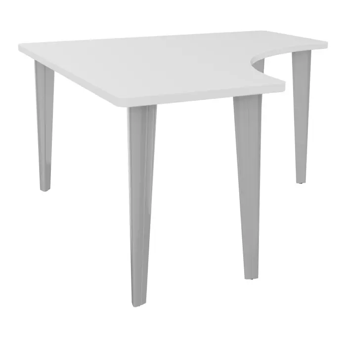 Table de bureau compact symétriques 90° L140 RT60 pré percés pour 4 obturateurs décor mélamine blanc neige - élément départ sur piètement fixe métal lisse gris aluminium