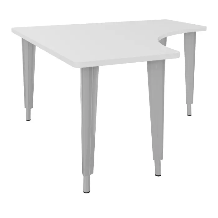Table de bureau compact symétriques 90° L140 RT60 pré percés pour 4 obturateurs décor mélamine blanc neige - élément départ sur piètement réglable en hauteur éléctrifiable métal lisse gris aluminium