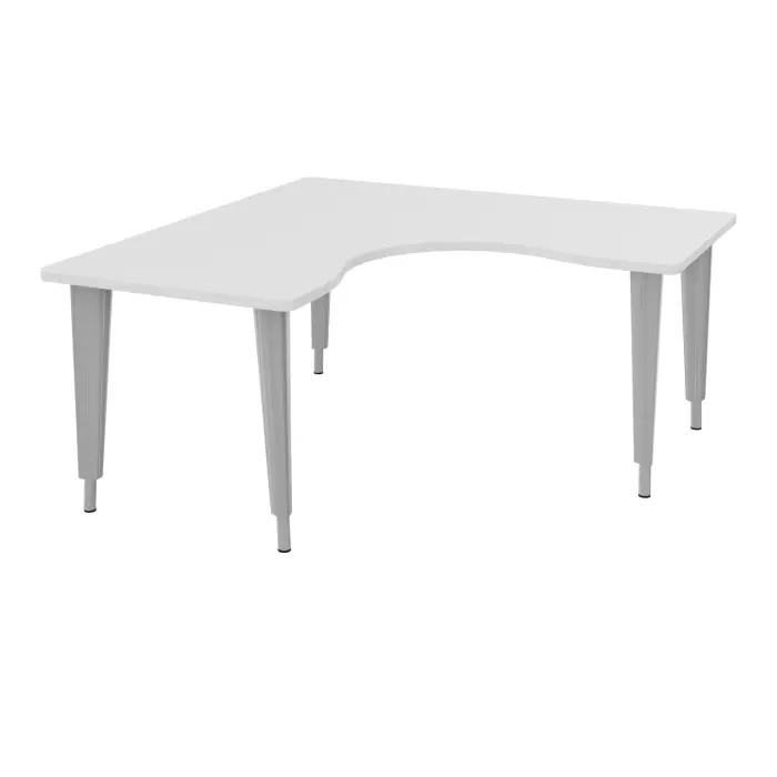 Table de bureau compact symétriques 90° L160 RT80 pré percés pour 4 obturateurs mélamine blanc neige - élément départ sur piètement réglable en hauteur éléctrifiable métal lisse gris aluminium + goulotte struct