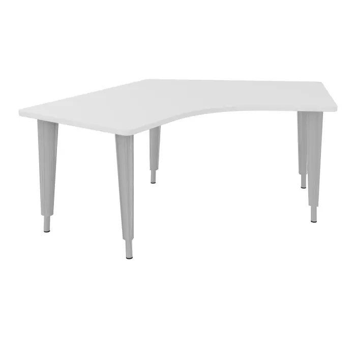 Table de bureau compact symétriques 120° L120 x RT80 pré percés pour 4 obturateurs décor mélamine blanc neige - élément départ sur piètement réglable en hauteur éléctrifiable métal lisse gris aluminium
