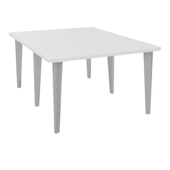 Table de 2 bureaux rectangulaires L120xP160 pré percés pour 2 obturateurs décor mélamine blanc neige sur piètement fixe métal lisse gris aluminium