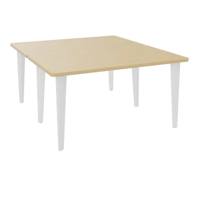 Table de 2 bureaux rectangulaires L140xP160 pré percés pour 2 obturateurs Chêne naturel sur piètement fixe métal lisse blanc