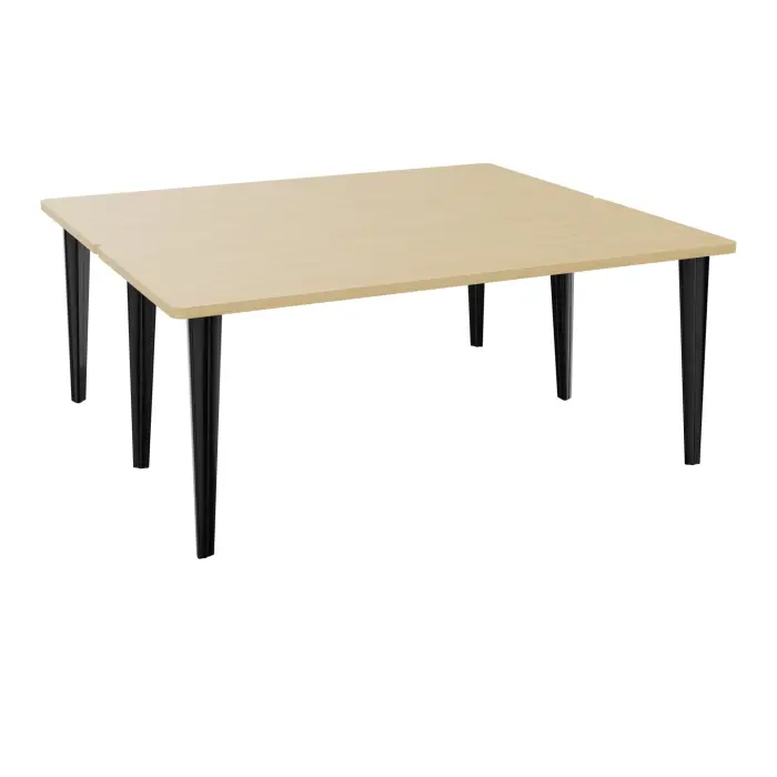 Table de 2 bureaux rectangulaires L180xP160 pré percés pour 2 obturateurs Chêne naturel sur piètement fixe métal lisse noir + goulotte métallique