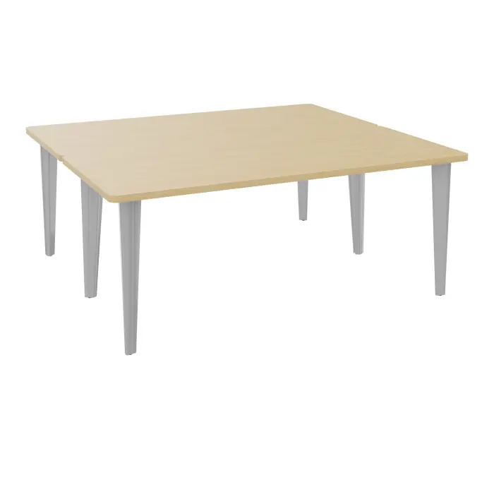 Table de 2 bureaux rectangulaires L180xP160 pré percés pour 2 obturateurs Chêne naturel sur piètement fixe dont 2 éléctrifiables métal lisse gris aluminium + goulotte métallique