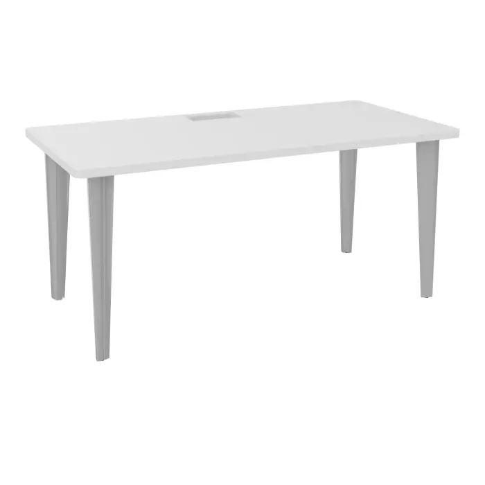 Table de bureau rectangulaire L160xP80 bords arrondis percés pour trappe décor mélamine blanc neige élement départ sur piètement fixe éléctrifiable métal lisse gris aluminium