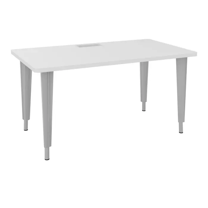 Table de bureau rectangulaire L140xP80 bords arrondis percés pour trappe décor mélamine blanc neige élement départ sur piètement réglable en hauteur éléctrifiable métal lisse gris aluminium