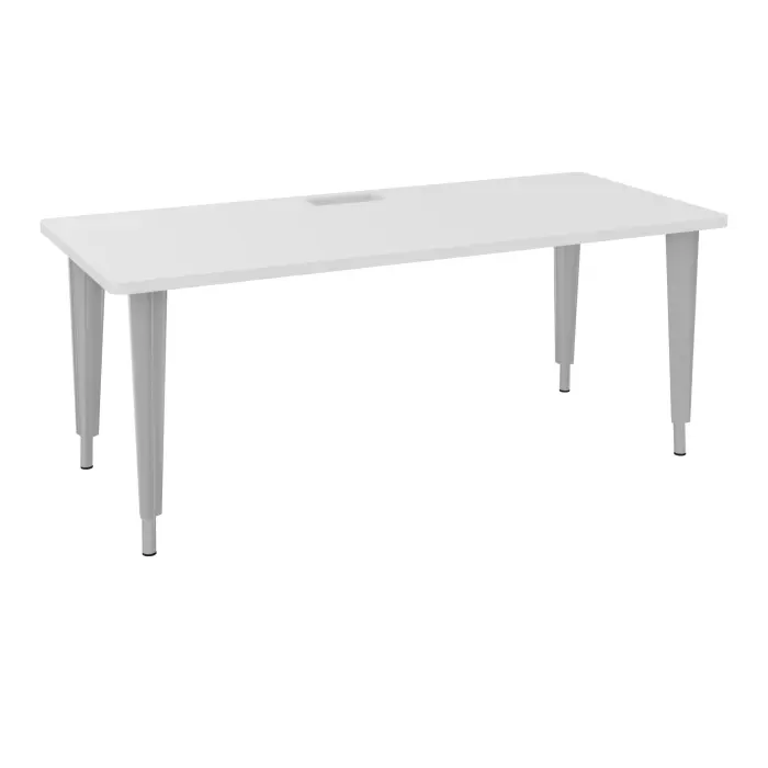 Table de bureau rectangulaire L180xP80 bords arrondis percés pour trappe décor mélamine blanc neige élement départ sur piètement réglable en hauteur éléctrifiable métal lisse gris aluminium