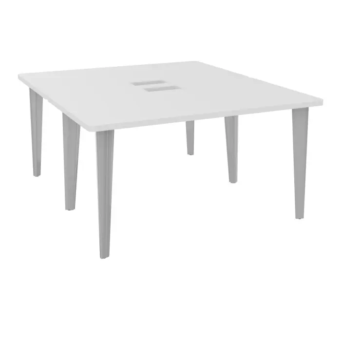 Table de 2 bureaux rectangulaires L140xP160 percés pour trappe décor mélamine blanc neige sur piètement fixe dont 2 éléctrifiables métal lisse gris aluminium + goulotte métallique