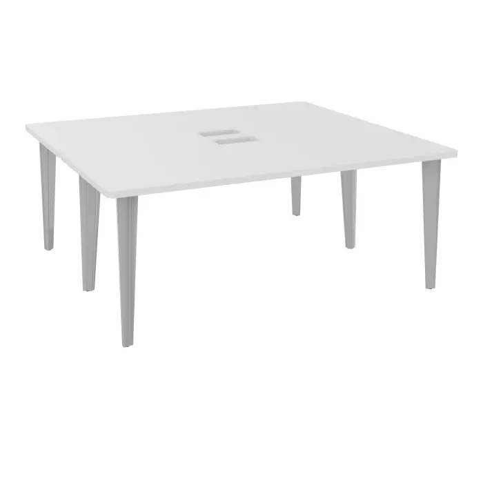 Table de 2 bureaux rectangulaires L180xP160 percés pour trappe décor mélamine blanc neige sur piètement fixe dont 2 éléctrifiables métal lisse gris aluminium + goulotte métallique