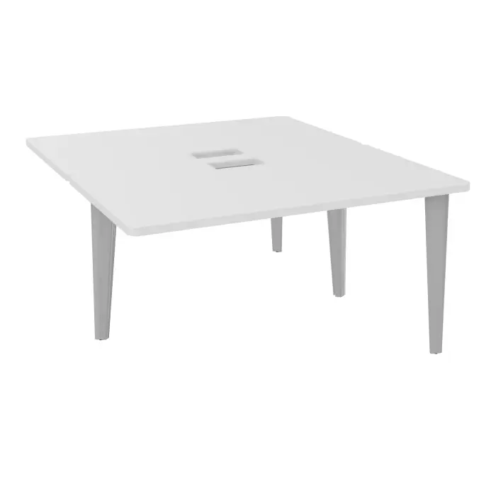 4 Line bureaux partagés pôle de 2 bureaux suivant L. 140 cm x P. 160 cm mélamine blanc neige découpe trappe simple accès pieds fixe métal lisse gris aluminium