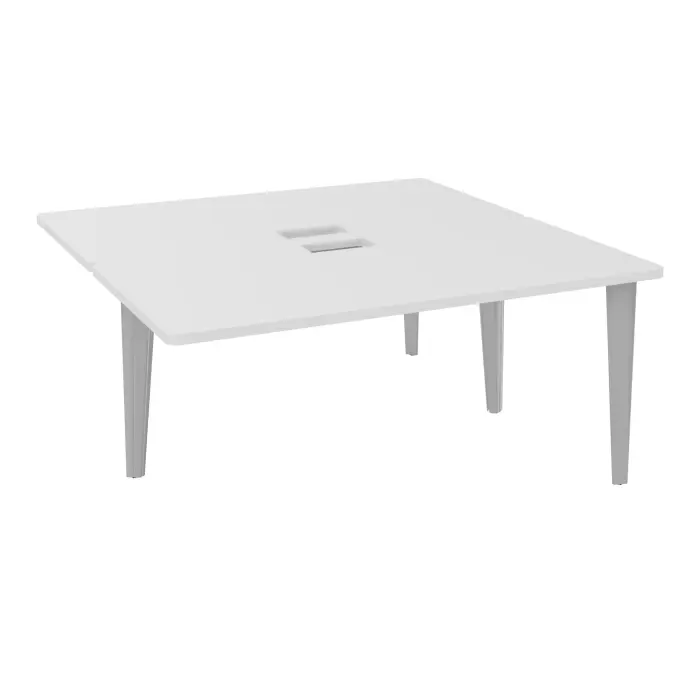 4 Line bureaux partagés pôle de 2 bureaux suivant L. 160 cm x P. 160 cm mélamine blanc neige découpe trappe simple accès pieds fixe métal lisse gris aluminium