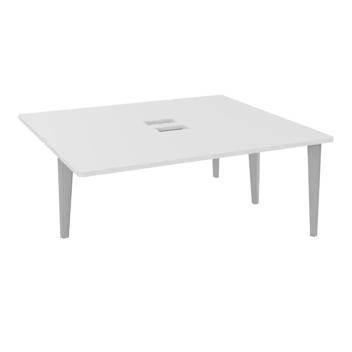 4 Line bureaux partagés pôle de 2 bureaux suivant L. 180 cm x P. 160 cm mélamine blanc neige découpe trappe simple accès pieds fixe métal lisse gris aluminium