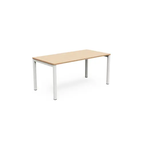 Bureau rectangle Arial L. 160 cm x P 80 cm ep. 25mm prépercé pour obturateurs mélamine Chêne naturel pied carré arche fixe métal lisse blanc