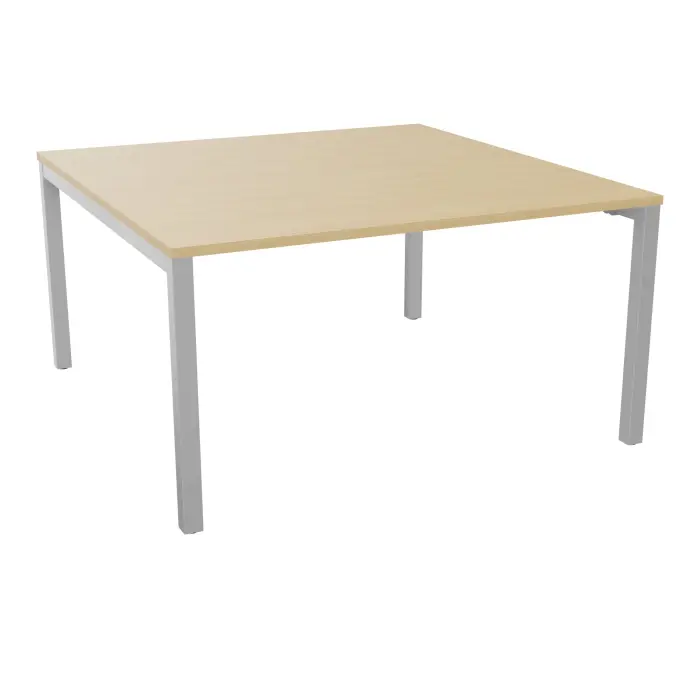 Bureau départ Arial L. 140 cm x P. 142 cm percé pour obturateur EP25mm mélamine Chêne naturel pied arche carré fixe métal lisse gris aluminium