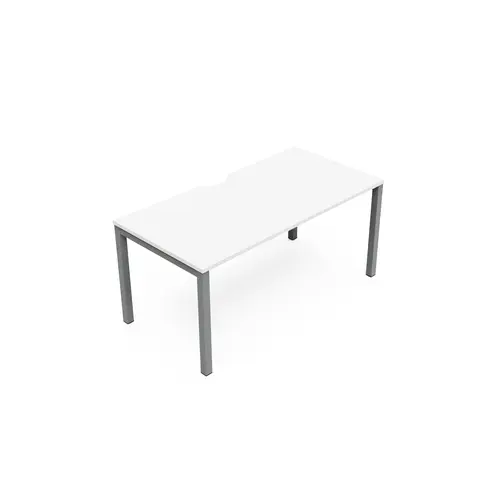 Bureau rectangulaire Arial L. 160 cm x P. 80 cm avec échancrure EP25mm mélamine blanc neige pied arche carré fixe métal lisse gris aluminium