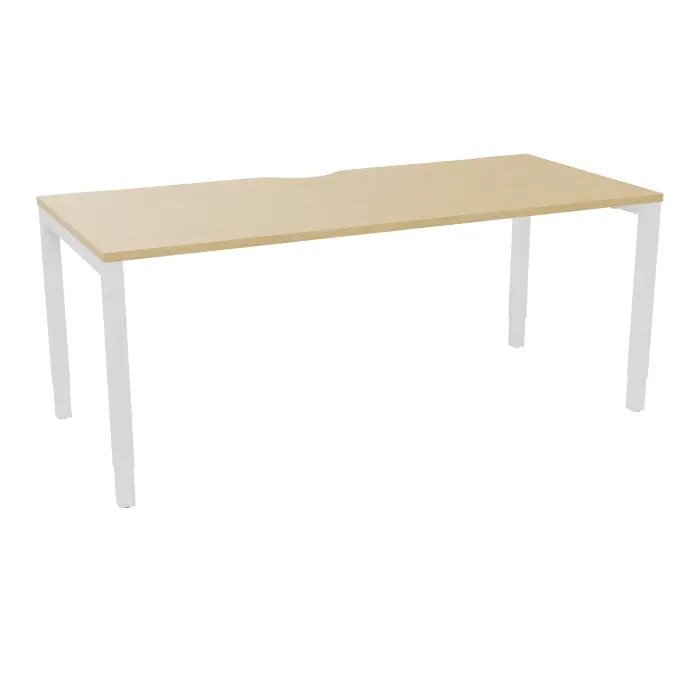 Bureau rectangulaire Arial L. 180 cm x P. 80 cm avec échancrure EP25mm mélamine Chêne naturel pied arche carré réglable en hauteur métal lisse blanc