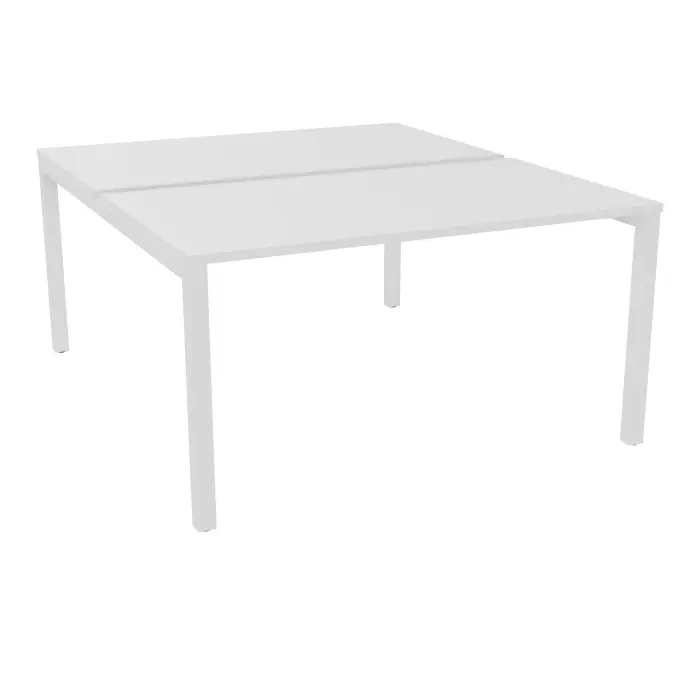 Bureau départ Arial bench L. 140 cm x P. 80 cm percé obturateur ép.25mm mélamine blanc neige pied arche carrée fixe métal lisse blanc