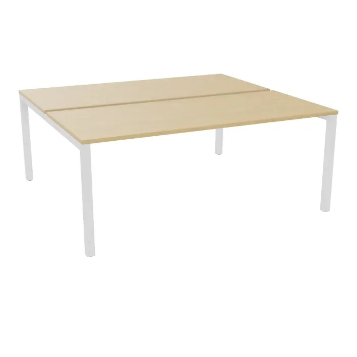 Bureau départ Arial bench L. 180 cm x P. 80 cm percé obturateur ép.25mm mélamine Chêne naturel pied arche carrée fixe métal lisse blanc