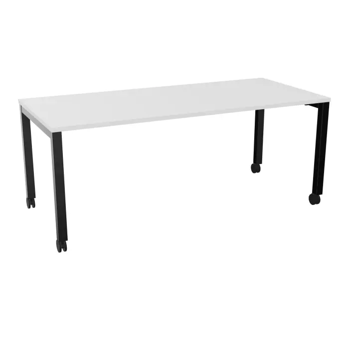 Table rectangulaire Arial L. 180 x P. 80 x H. 73,5 cm plateau mélamine blanc neige piètement arche carrée fixe métal lisse noir sur roulettes