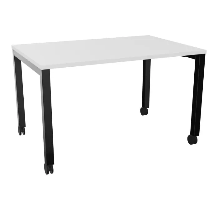 Table rectangulaire Arial L. 120 x P. 80 x H. 73,5 cm plateau mélamine blanc neige piètement arche carrée fixe métal lisse noir sur roulettes