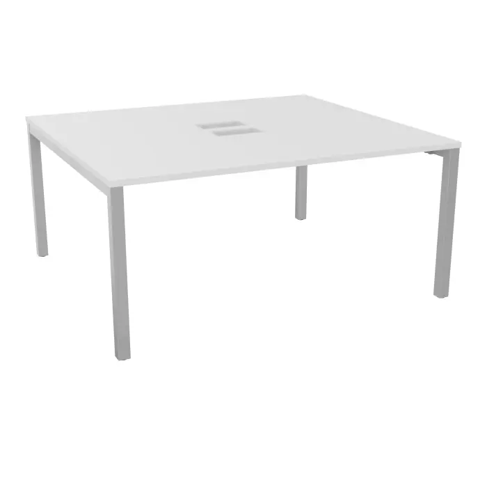 Table bench départ Arial L. 160 x P. 142 x H. 73,5 cm monoplateau découpé pour trappes mélamine blanc neige piètement arche carrée fixe métal lisse gris aluminium