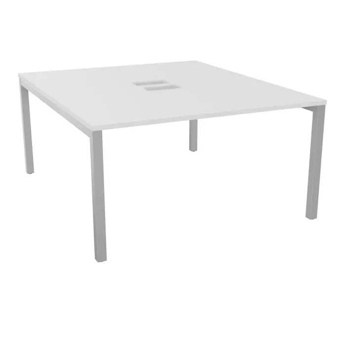 Table bench départ Arial L. 140 x P. 165 x H. 73,5 cm monoplateau découpé pour trappes mélamine blanc neige piètement arche carrée fixe métal lisse gris aluminium