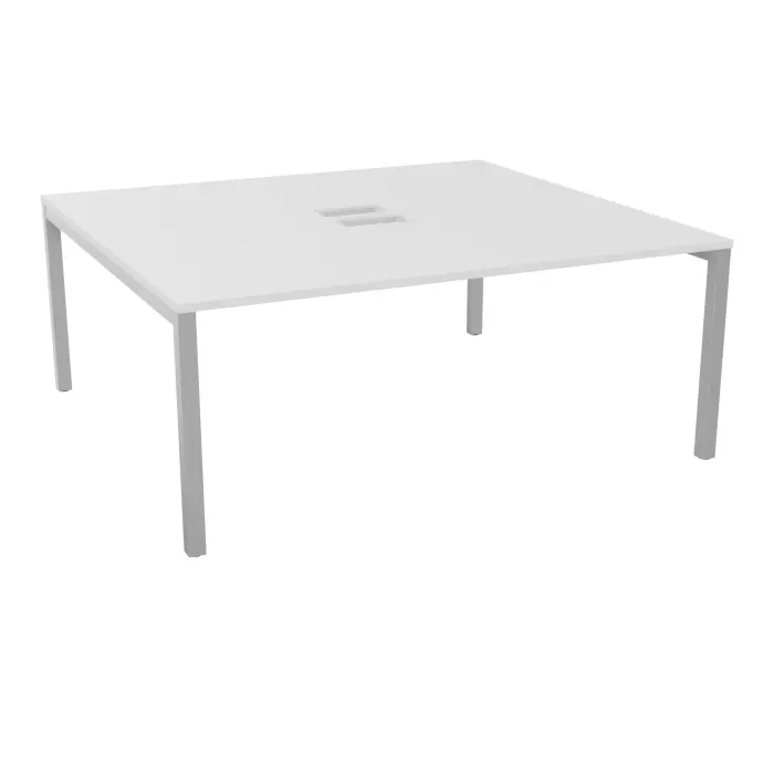 Table bench départ Arial L. 180 x P. 165 x H. 73,5 cm monoplateau découpé pour trappes mélamine blanc neige piètement arche carrée fixe métal lisse gris aluminium