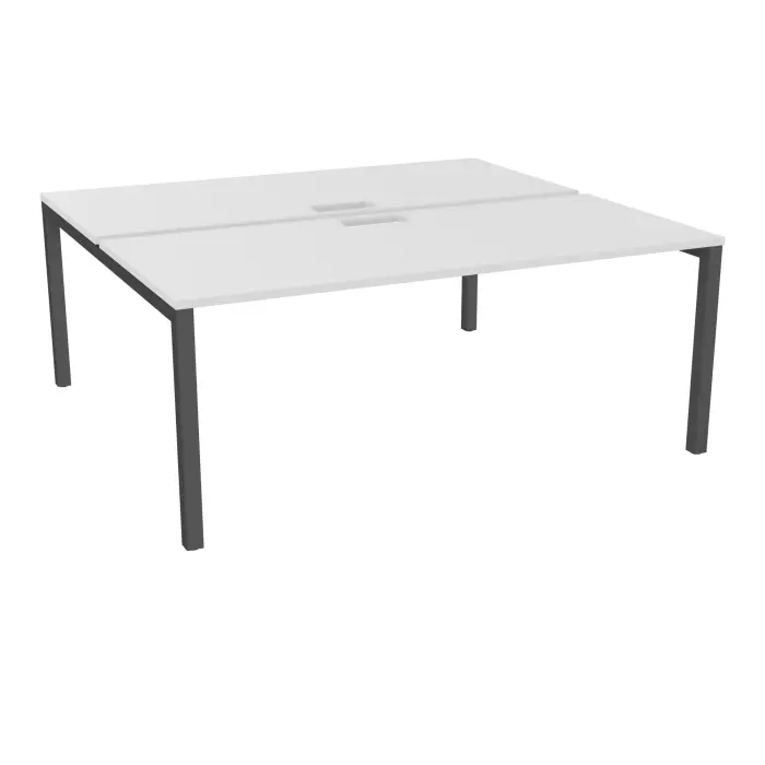 Table bench départ Arial 2 plateaux L. 180 x P. 80 x H. 73,5 cm découpés pour trappe mélamine blanc neige piètement arche carrée fixe métal structuré gris anthracite