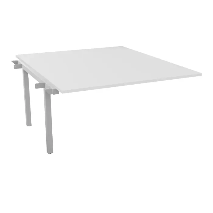 Bureau suivant monoplateau Arial L. 140 cm x P. 165 cm EP25 mélamine blanc neige pied intémerdiaire arche carré fixe métal lisse gris aluminium
