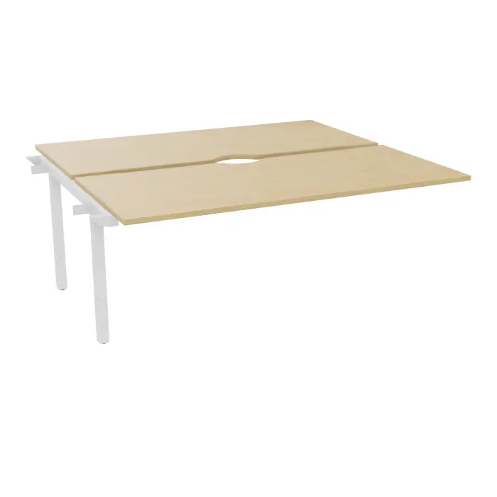 Bureau suivant Arial bench L. 180 cm x P. 80 cm avec échancrure ép.25mm mélamine Chêne naturel pied intermédiaire métal lisse blanc