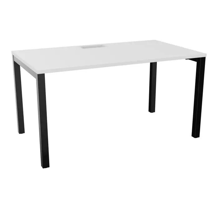 Table rectangulaire Arial L. 140 x P. 80 x H. 73,5 cm plateau découpé pour trappe mélamine blanc neige piètement arche carrée fixe métal lisse noir