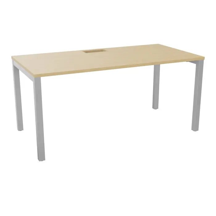 Table rectangulaire Arial L. 160 x P. 80 x H. 73,5 cm plateau découpé pour trappe mélamine Chêne naturel piètement arche carrée fixe métal lisse gris aluminium
