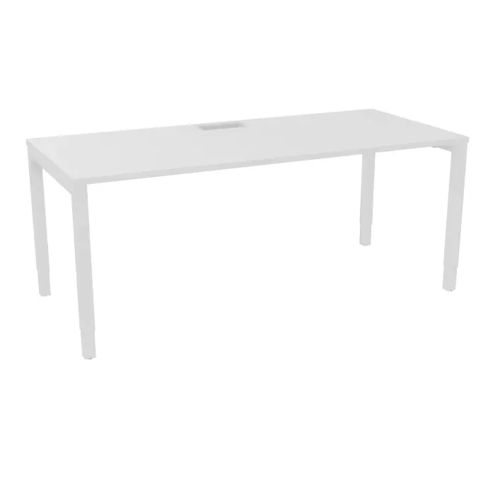 Table rectangulaire Arial L. 180 x P. 80 x H. 73,5 cm plateau découpé pour trappe mélamine blanc neige piètement arche carrée réglable en hauteur métal lisse blanc