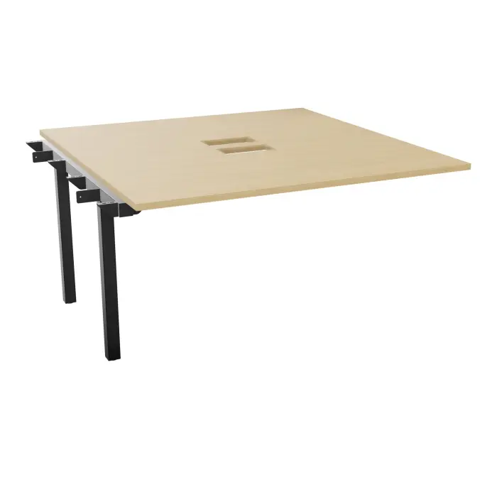 Table bench suivant Arial L. 140 x P. 142 x H. 73,5 cm monoplateau découpé pour trappes mélamine Chêne naturel piètement arche carrée fixe métal lisse noir