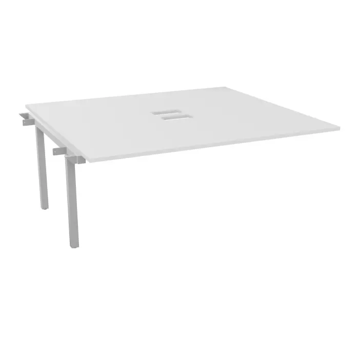 Table bench suivant Arial L. 180 x P. 165 x H. 73,5 cm monoplateau découpé pour trappes mélamine blanc neige piètement arche carrée fixe métal lisse gris aluminium